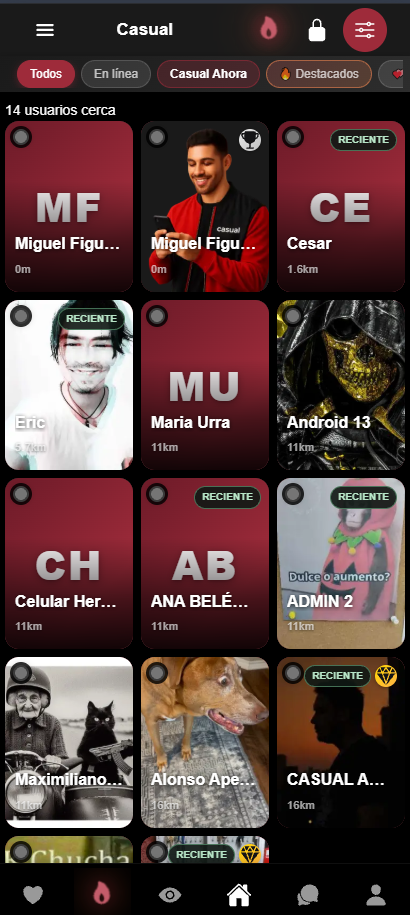 Casual: feed de personas cerca, filtros Todos y Casual Ahora